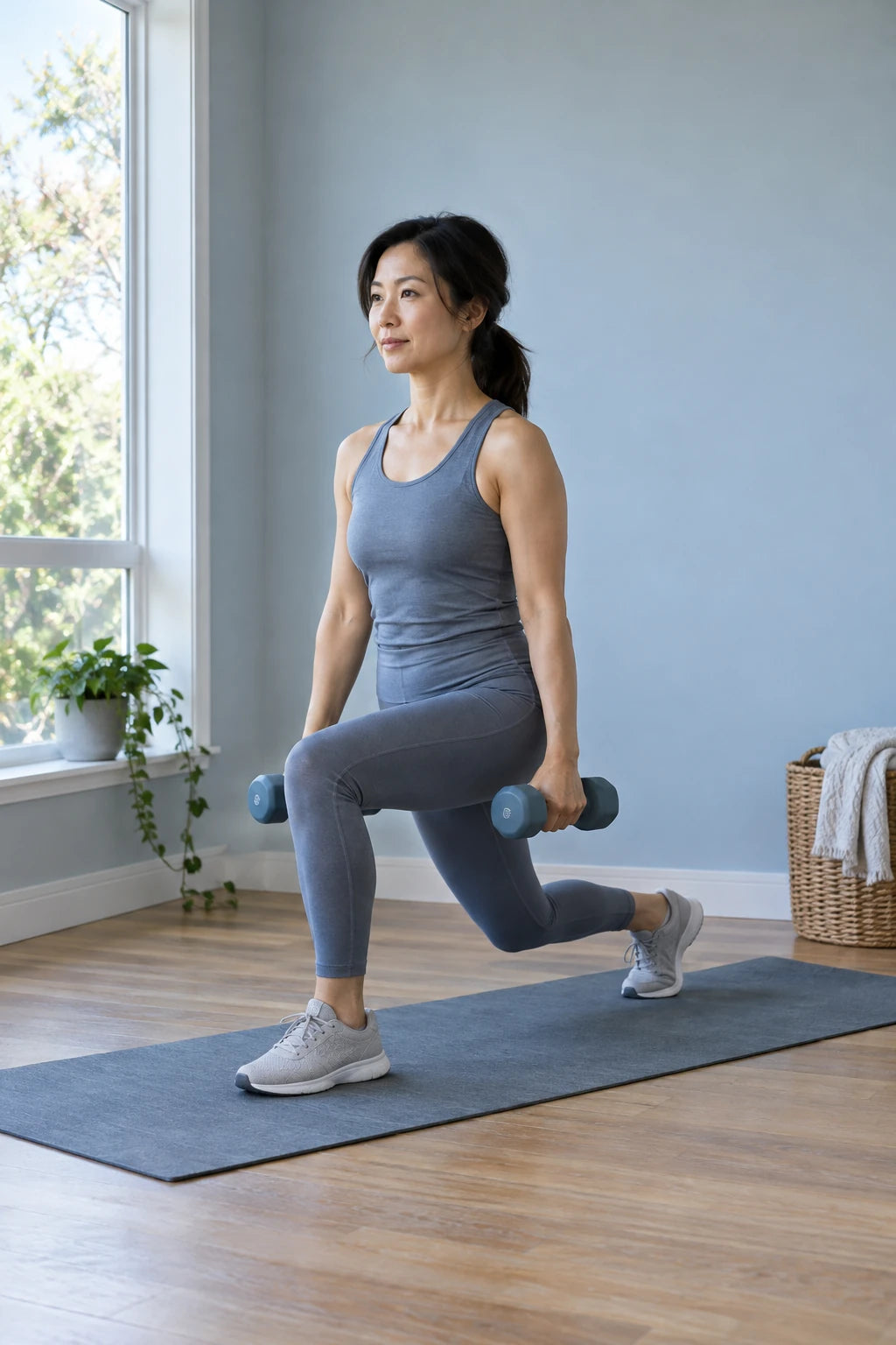 A woman training with dumbbells at home