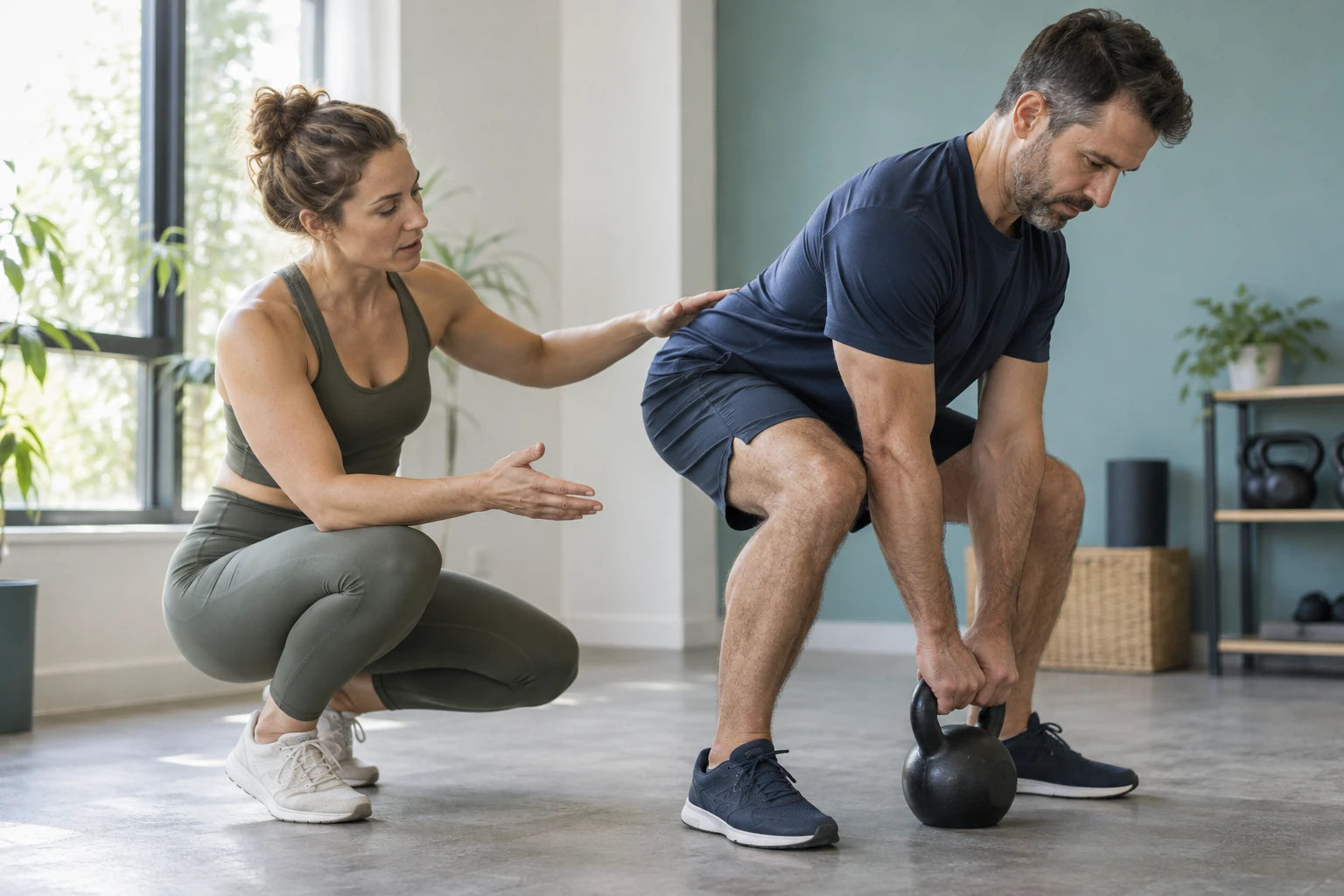 A trainer explaining kettlebell technique to a client