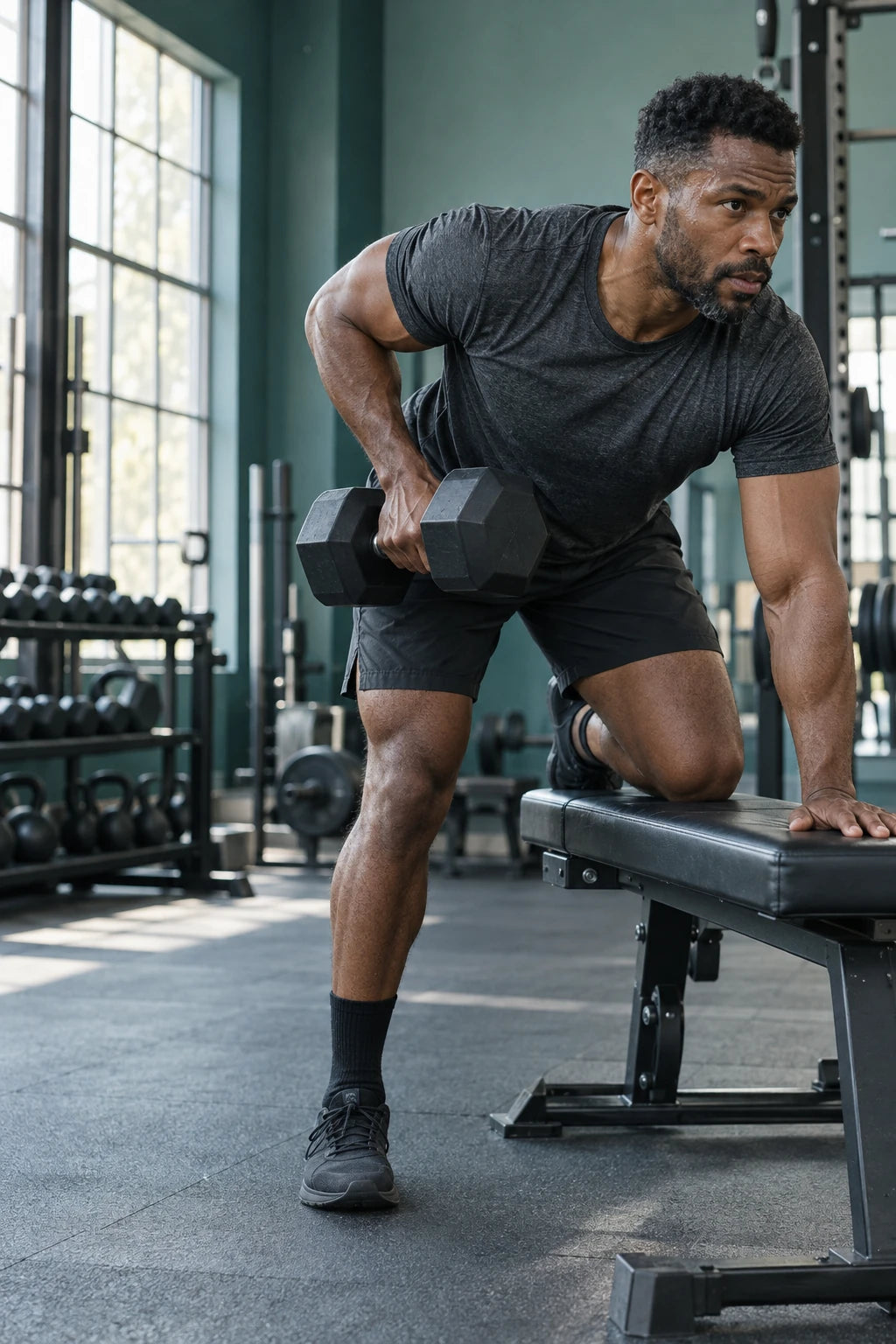 A man performing a controlled dumbbell row